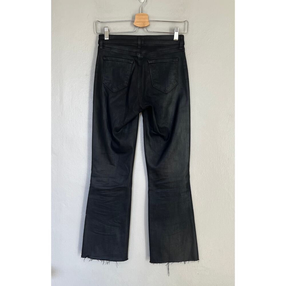 L'AGENCE Black Kendra Coated Cropped Flare Jeans Raw Hems Size 25 Stretch Kick - Picture 3 of 11